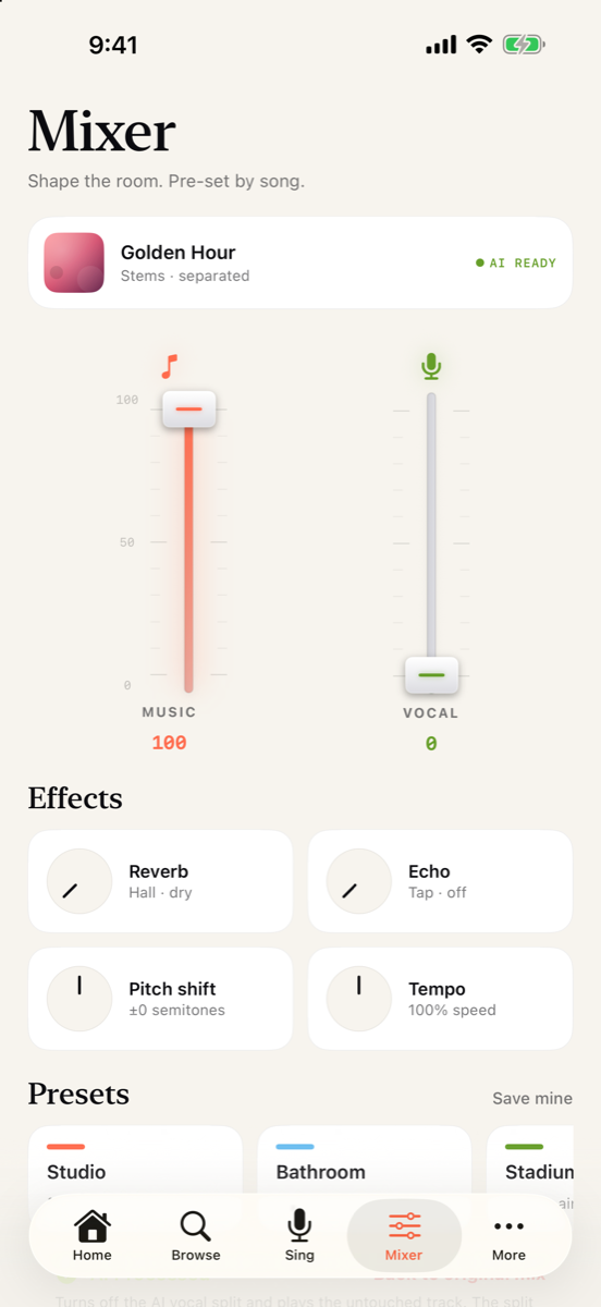 Mixer with separate Music and Vocal faders after an AI split
