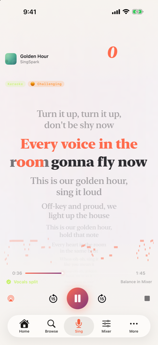 Lyrics highlighted word by word with a live pitch trace