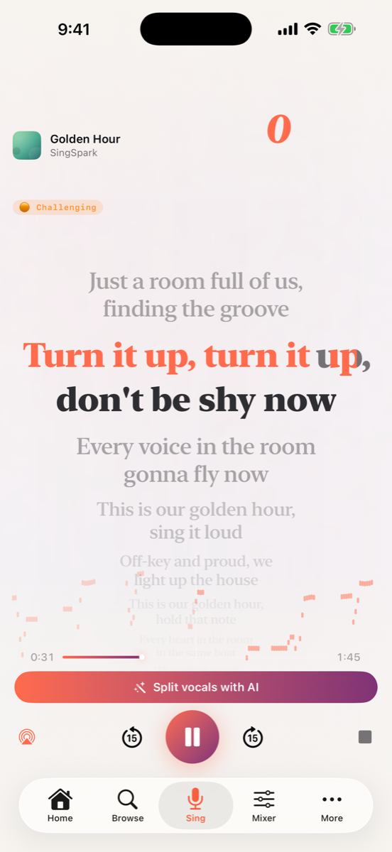SingSpark playing Golden Hour: the current lyric line glows coral as it is sung, with the pitch trace below