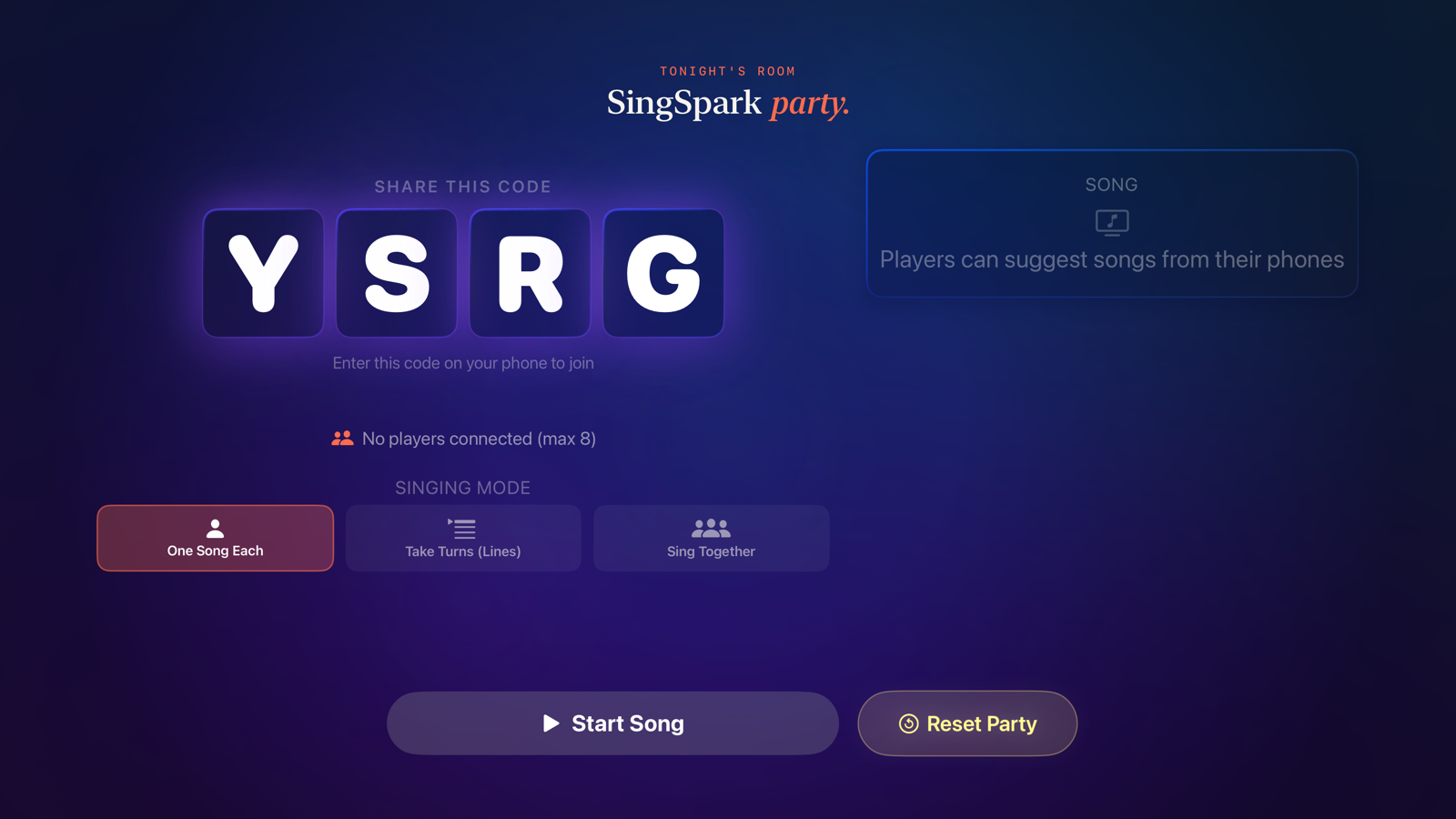 SingSpark party lobby on a TV showing the room code and the connected singers